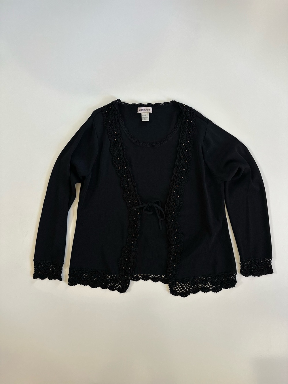 Notations Black Crochet-Trim Tie-Front Women's Cardigan